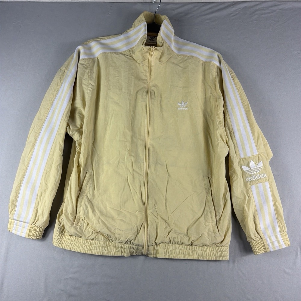 y2k Adidas pastel yellow 3 stripe full zip up track jacket, women's medium